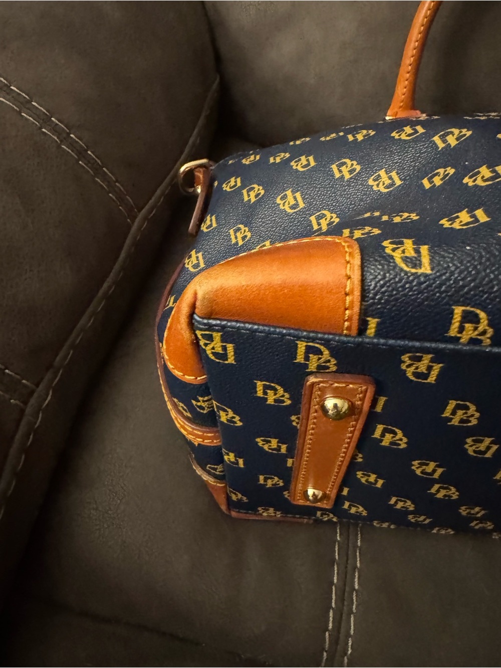 Dooney & Bourke Navy Logo Dome Satchel with Brown Trim - Picture 16 of 16